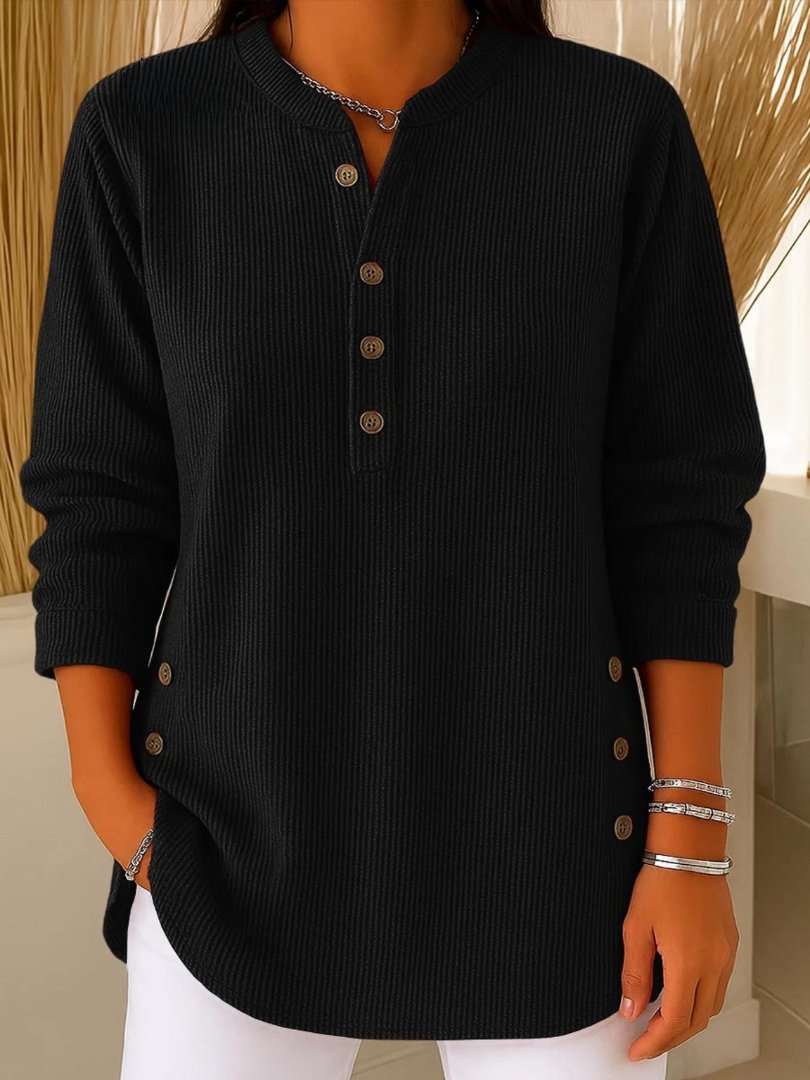 Effortless Ribbed Knit Tunic for Women with Split Neck Long Sleeve Button Trim Relaxed Style