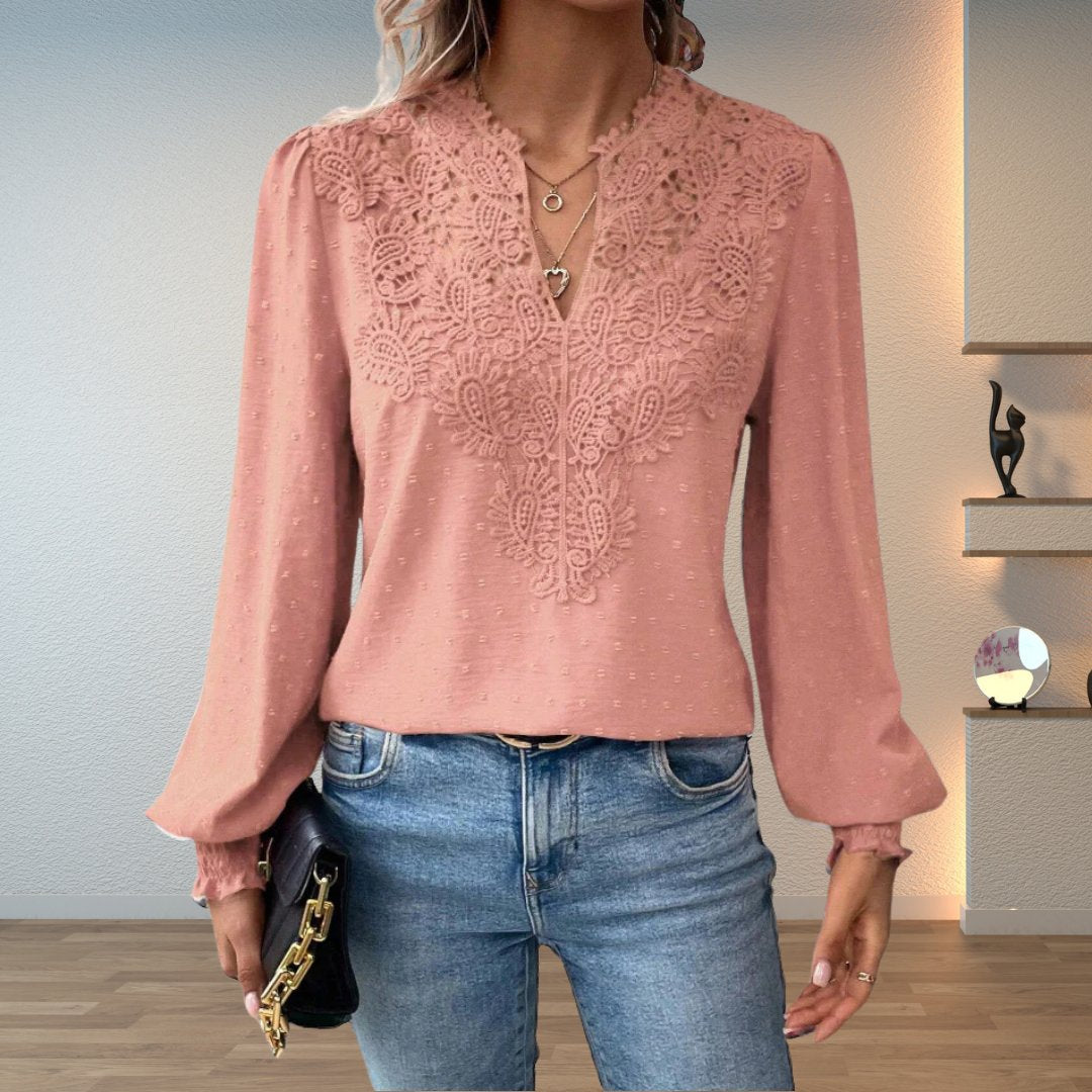 Elegant Swiss Dot Lace Blouse for Women with V Neck Long Sleeve Crochet Trim Relaxed Style
