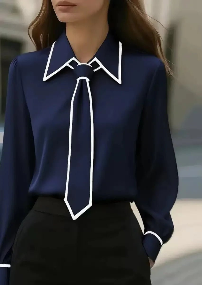 Elegant Satin Blouse for Women with Point Collar Long Sleeve Contrast Trim Silky Style