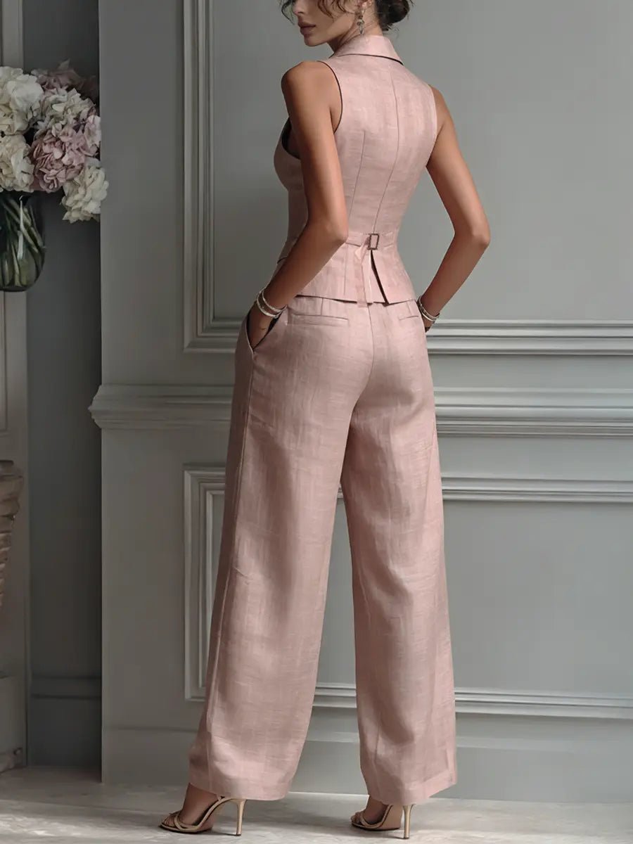 Elegant Light Pink Linen Wide Leg Set for Women with V Neck Sleeveless Button Front Relaxed Two Piece Style