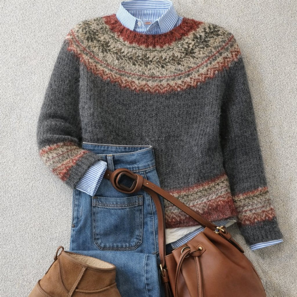 Comfortable Gray Fair Isle Sweater for Women with Crew Neck Long Sleeve Patterned Yoke Oversized Knit Style