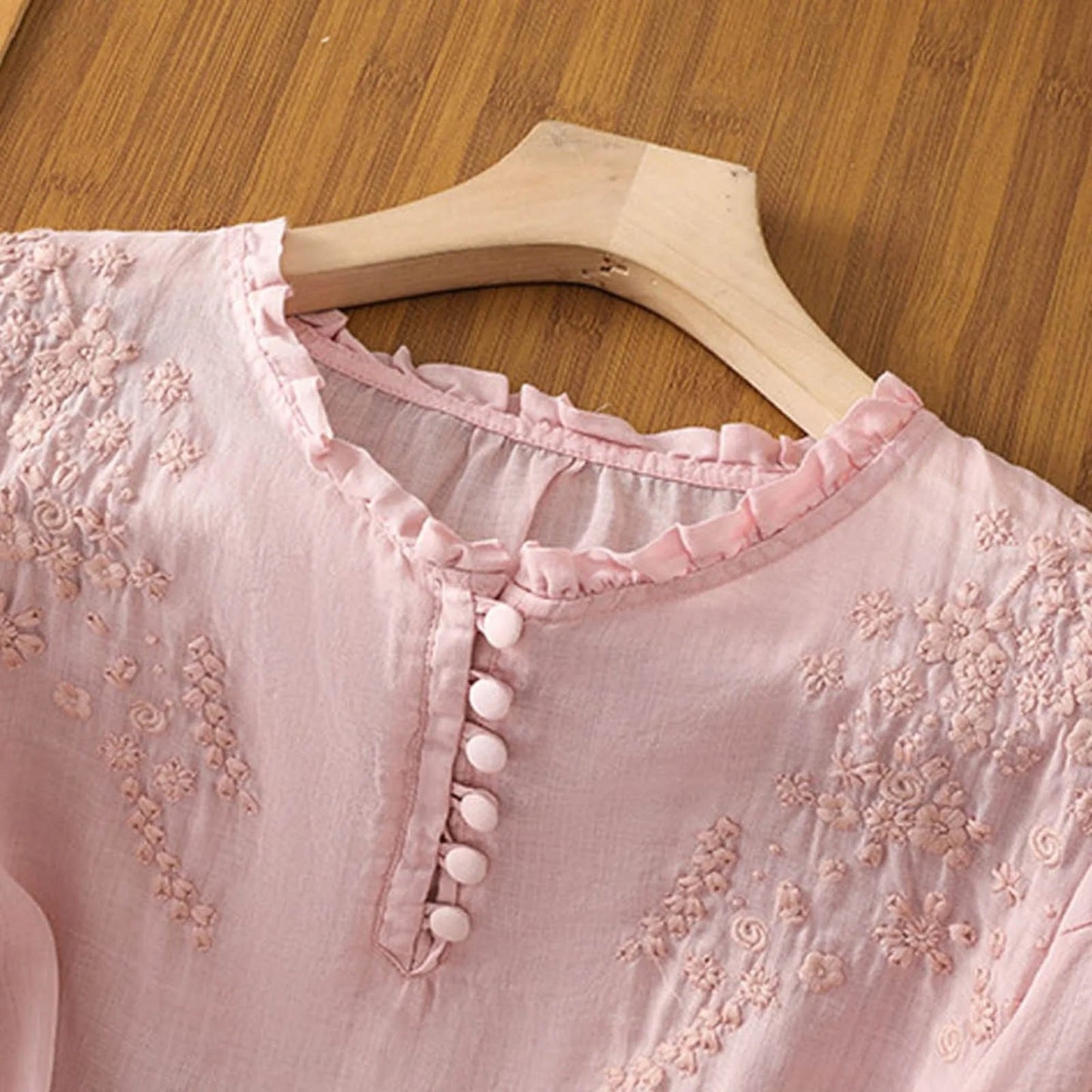 Effortless Embroidered Linen Blouse for Women with Ruffled V Neck Half Sleeve Button Front Casual Style