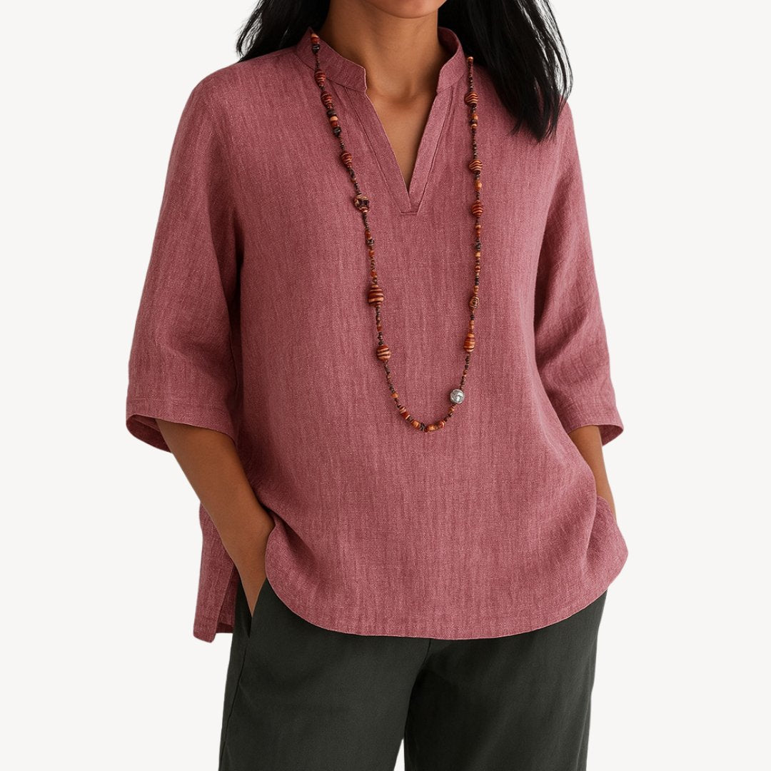 Effortless Linen Tunic Blouse for Women with Mandarin Collar Elbow Sleeve Relaxed Flowing Style