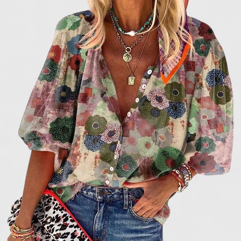 Effortless Green Floral Blouse for Women with V Neck Elbow Sleeve Button Front Boho Style