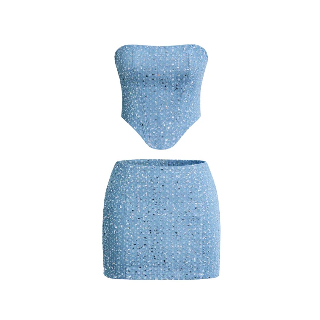 Elegant Blue Sequin Mini Dress for Women with Strapless Bodycon Sparkle Formal Party Style