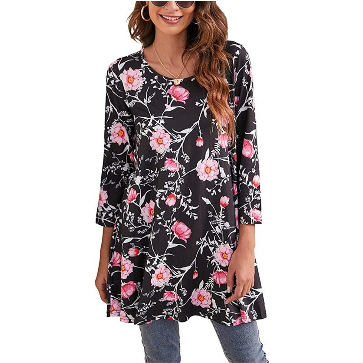 Effortless Medallion Print Tunic Top for Women with Round Neck Three Quarter Sleeve Flowy Swing Boho Style