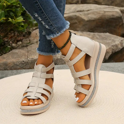 Comfortable Gladiator Sandals for Women with Caged Strap Espadrille Platform Zip Back Wedge Style