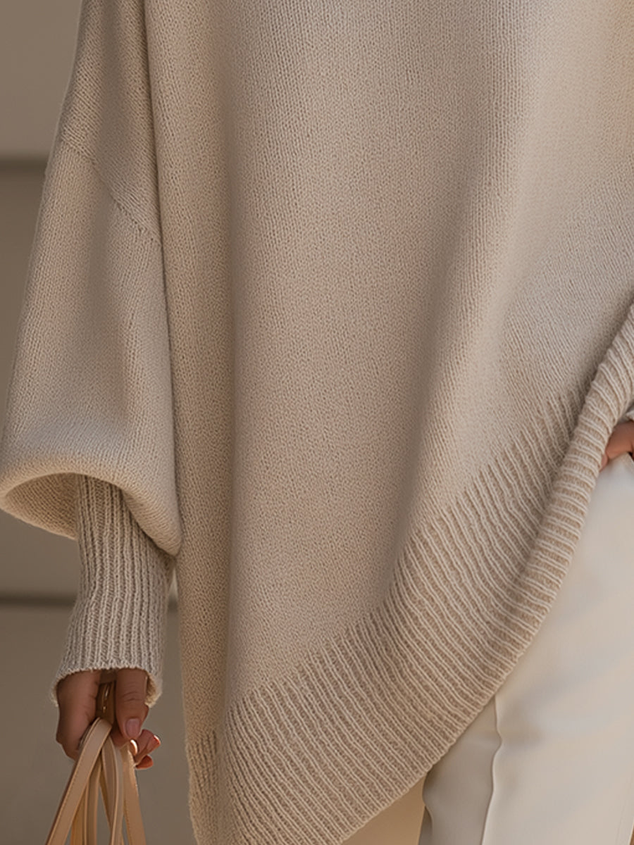 Comfortable Ribbed Trim Oversized Sweater for Women with Crew Neck Batwing Sleeve Asymmetric Hem Knit Style