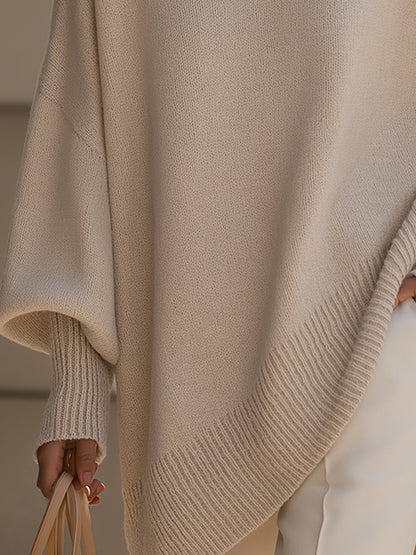 Comfortable Ribbed Trim Oversized Sweater for Women with Crew Neck Batwing Sleeve Asymmetric Hem Knit Style