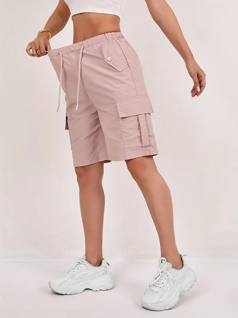 Effortless Pink Cargo Shorts for Women with High Waist Drawstring Relaxed Bermuda Style