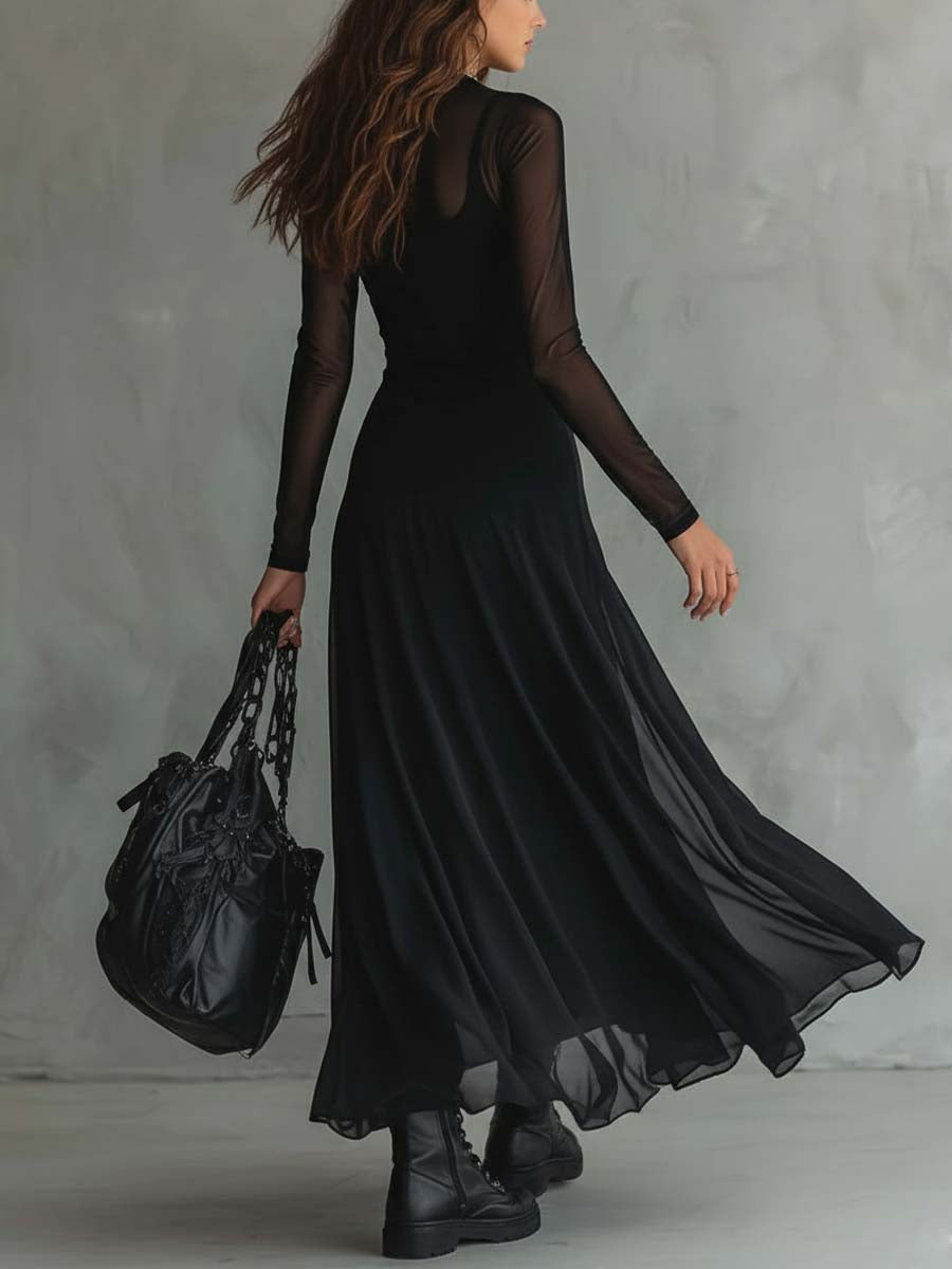Elegant Black Mesh Maxi Dress for Women with High Neck Long Sleeve Sheer Flowing Gothic Style