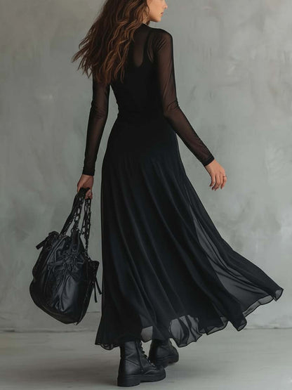 Elegant Black Mesh Maxi Dress for Women with High Neck Long Sleeve Sheer Flowing Gothic Style