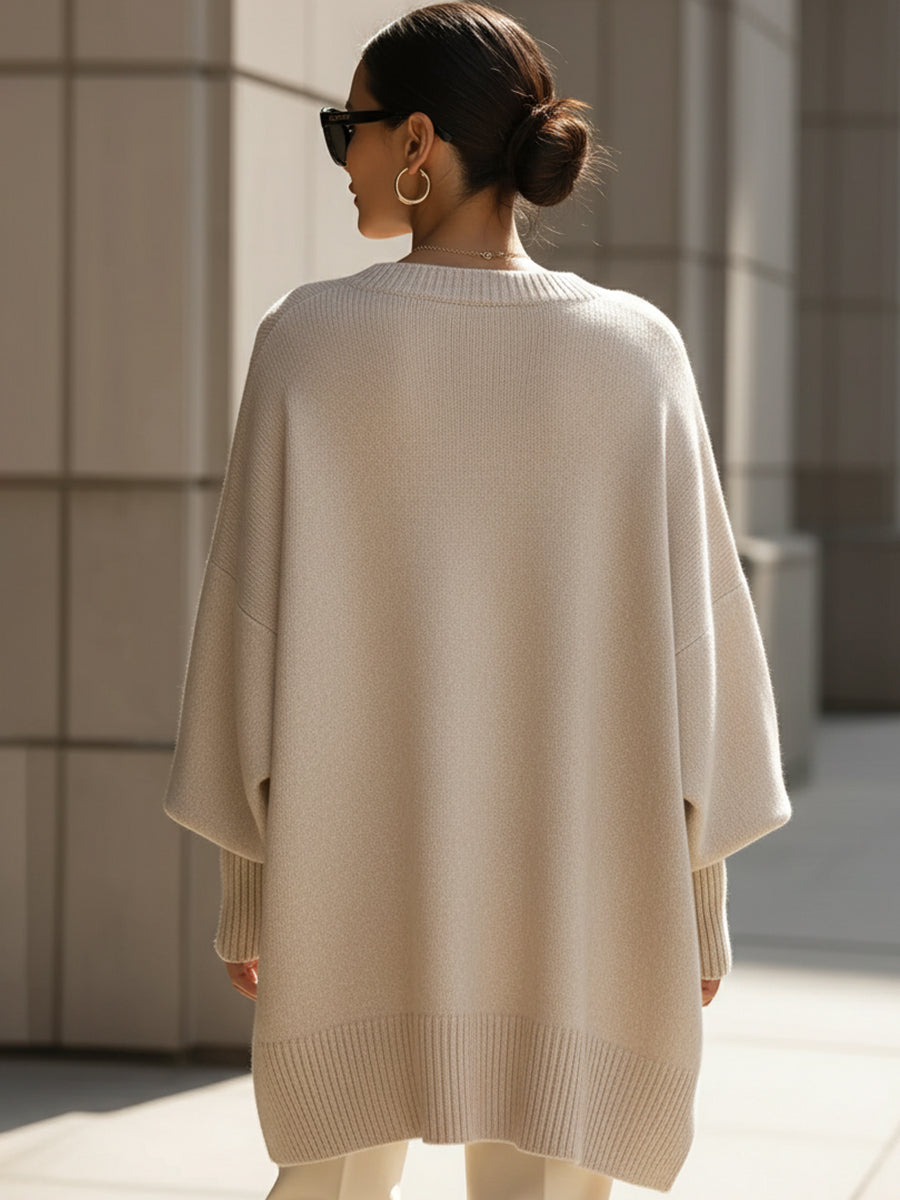 Comfortable Ribbed Trim Oversized Sweater for Women with Crew Neck Batwing Sleeve Asymmetric Hem Knit Style