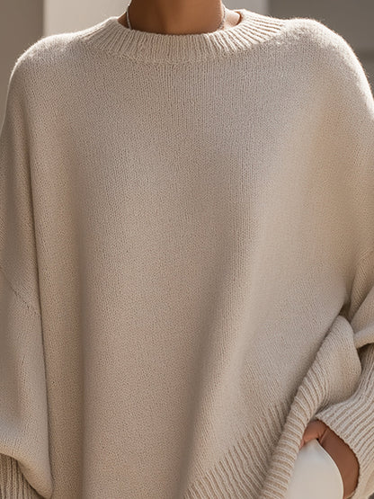 Comfortable Ribbed Trim Oversized Sweater for Women with Crew Neck Batwing Sleeve Asymmetric Hem Knit Style