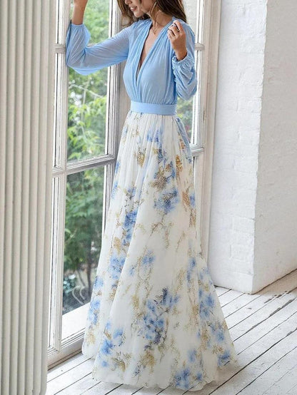 Elegant Blue Floral Maxi Dress for Women with V Neck Long Sleeve Contrast Waist Flowing Bohemian Style