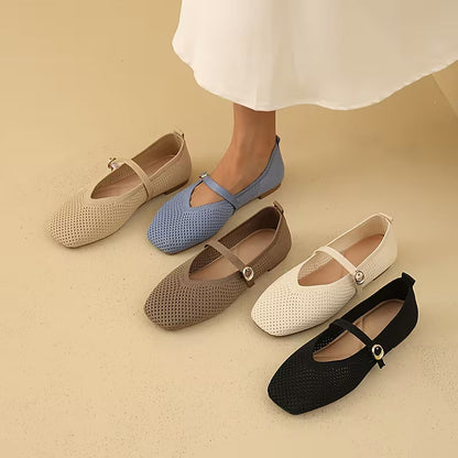 Comfortable Mary Jane Shoes for Women with Knit Upper Buckle Strap Flat Ballet Style