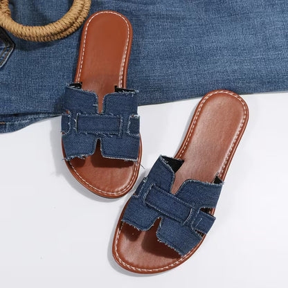 Comfortable Flat Sandals for Women with Cut Out Wide Strap Slip On Open Toe Style