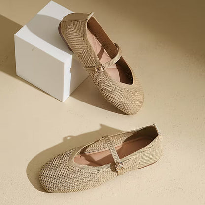 Comfortable Mary Jane Shoes for Women with Knit Upper Buckle Strap Flat Ballet Style