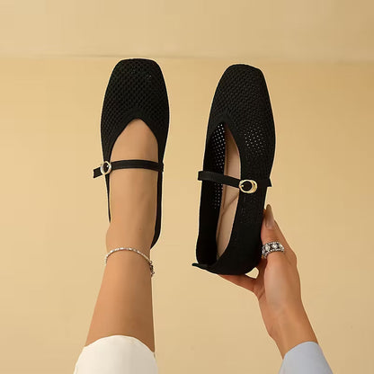 Comfortable Mary Jane Shoes for Women with Knit Upper Buckle Strap Flat Ballet Style