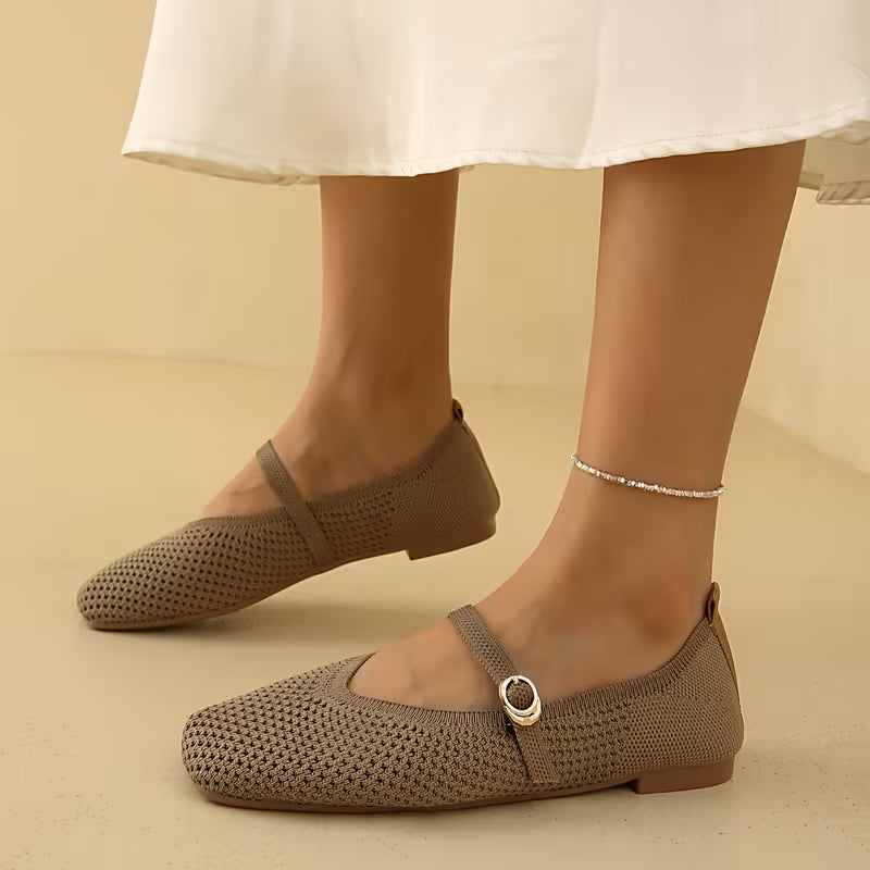 Comfortable Mary Jane Shoes for Women with Knit Upper Buckle Strap Flat Ballet Style