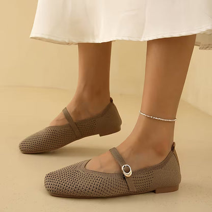 Comfortable Mary Jane Shoes for Women with Knit Upper Buckle Strap Flat Ballet Style