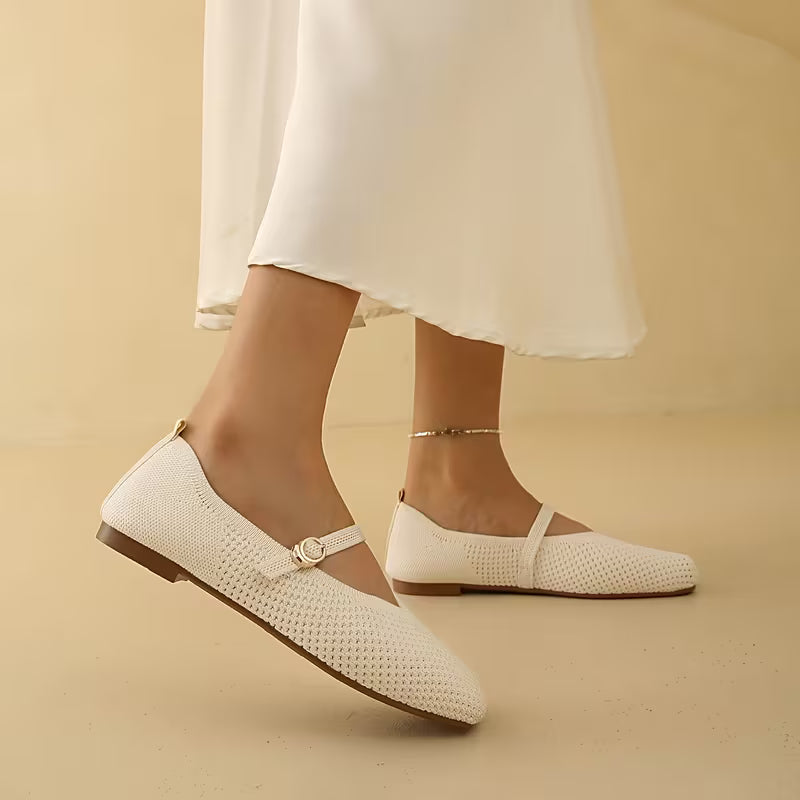 Comfortable Mary Jane Shoes for Women with Knit Upper Buckle Strap Flat Ballet Style