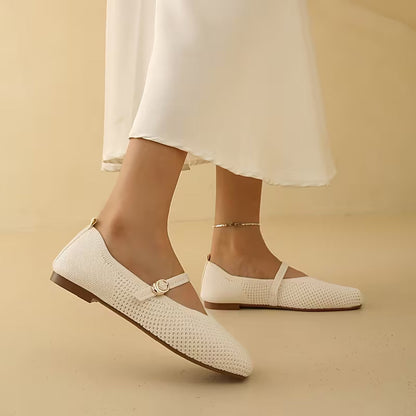 Comfortable Mary Jane Shoes for Women with Knit Upper Buckle Strap Flat Ballet Style