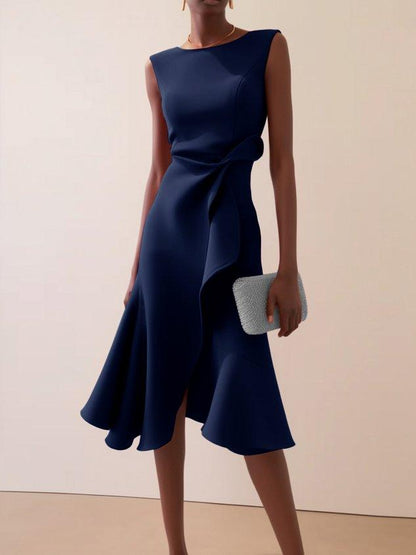 Elegant Draped Sheath Midi Dress for Women with Boat Neck Sleeveless Ruffle Hem Cocktail Style