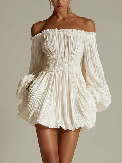 Elegant White Pleated Mini Dress for Women with Off Shoulder Balloon Sleeve Smocked Flowing Style