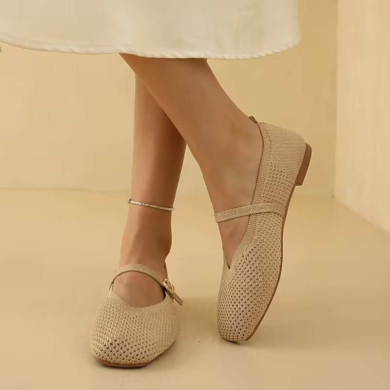 Comfortable Mary Jane Shoes for Women with Knit Upper Buckle Strap Flat Ballet Style