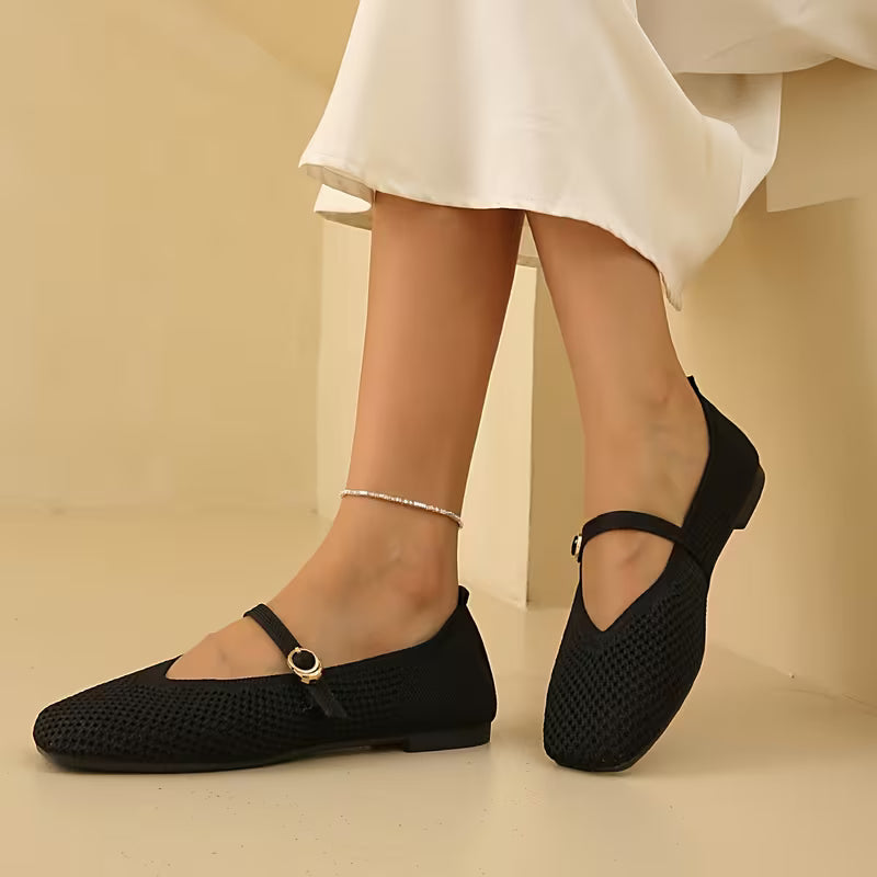 Comfortable Mary Jane Shoes for Women with Knit Upper Buckle Strap Flat Ballet Style