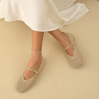 Comfortable Mary Jane Shoes for Women with Knit Upper Buckle Strap Flat Ballet Style