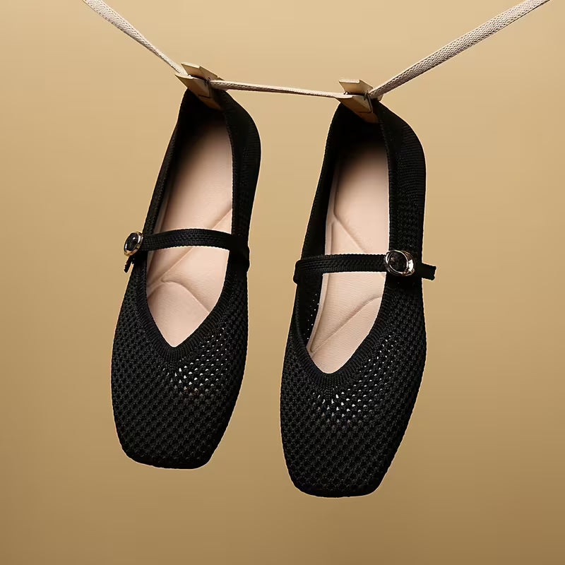 Comfortable Mary Jane Shoes for Women with Knit Upper Buckle Strap Flat Ballet Style