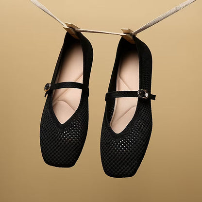 Comfortable Mary Jane Shoes for Women with Knit Upper Buckle Strap Flat Ballet Style