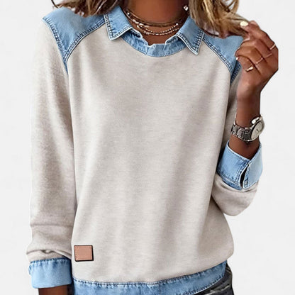 Effortless Denim Trim Sweatshirt for Women with Point Collar Long Sleeve Colorblock Casual Style