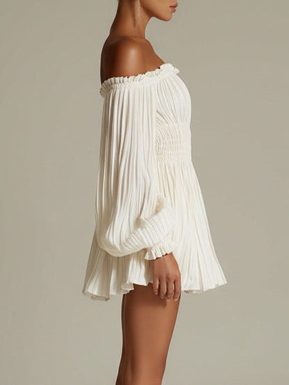Elegant White Pleated Mini Dress for Women with Off Shoulder Balloon Sleeve Smocked Flowing Style