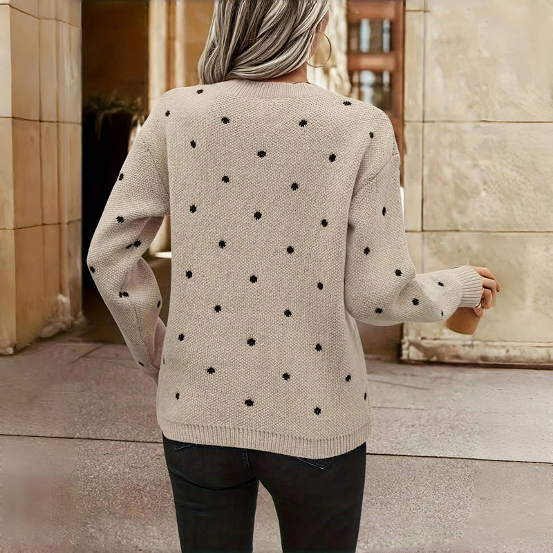 Comfortable Polka Dot Sweater for Women with Round Neck Long Sleeve Relaxed Oversized Knit Style