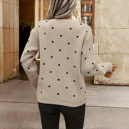 Comfortable Polka Dot Sweater for Women with Round Neck Long Sleeve Relaxed Oversized Knit Style