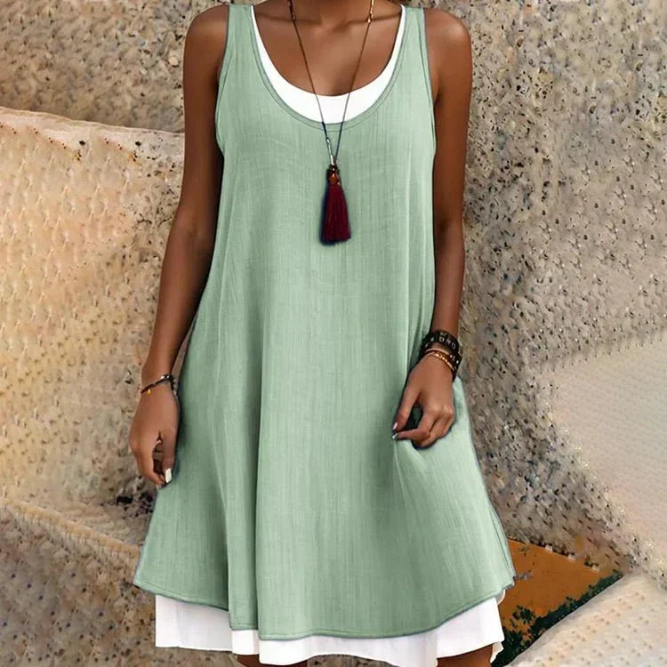 Effortless Layered Tank Dress for Women with Scoop Neck Sleeveless Flowing Boho Style