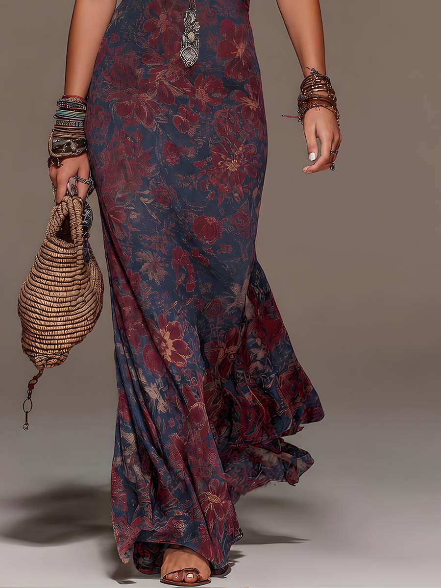 Effortless Navy Floral Maxi Dress for Women with Halter Lace Neck Backless Bohemian Style