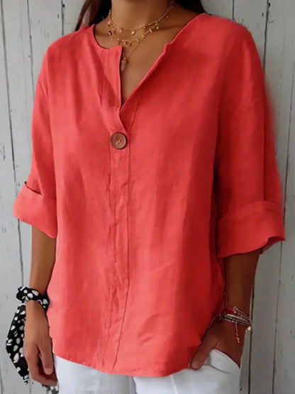 Effortless Linen Blouse for Women with V Neck Button Front Elbow Sleeve Relaxed Style