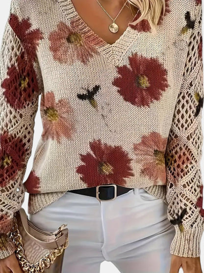 Comfortable Floral Crochet Sweater for Women with V Neck Long Sleeve Relaxed Oversized Knit Style