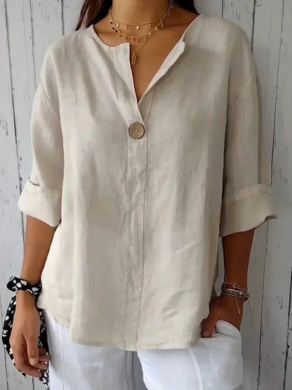 Effortless Linen Blouse for Women with V Neck Button Front Elbow Sleeve Relaxed Style
