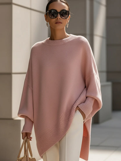 Comfortable Ribbed Trim Oversized Sweater for Women with Crew Neck Batwing Sleeve Asymmetric Hem Knit Style