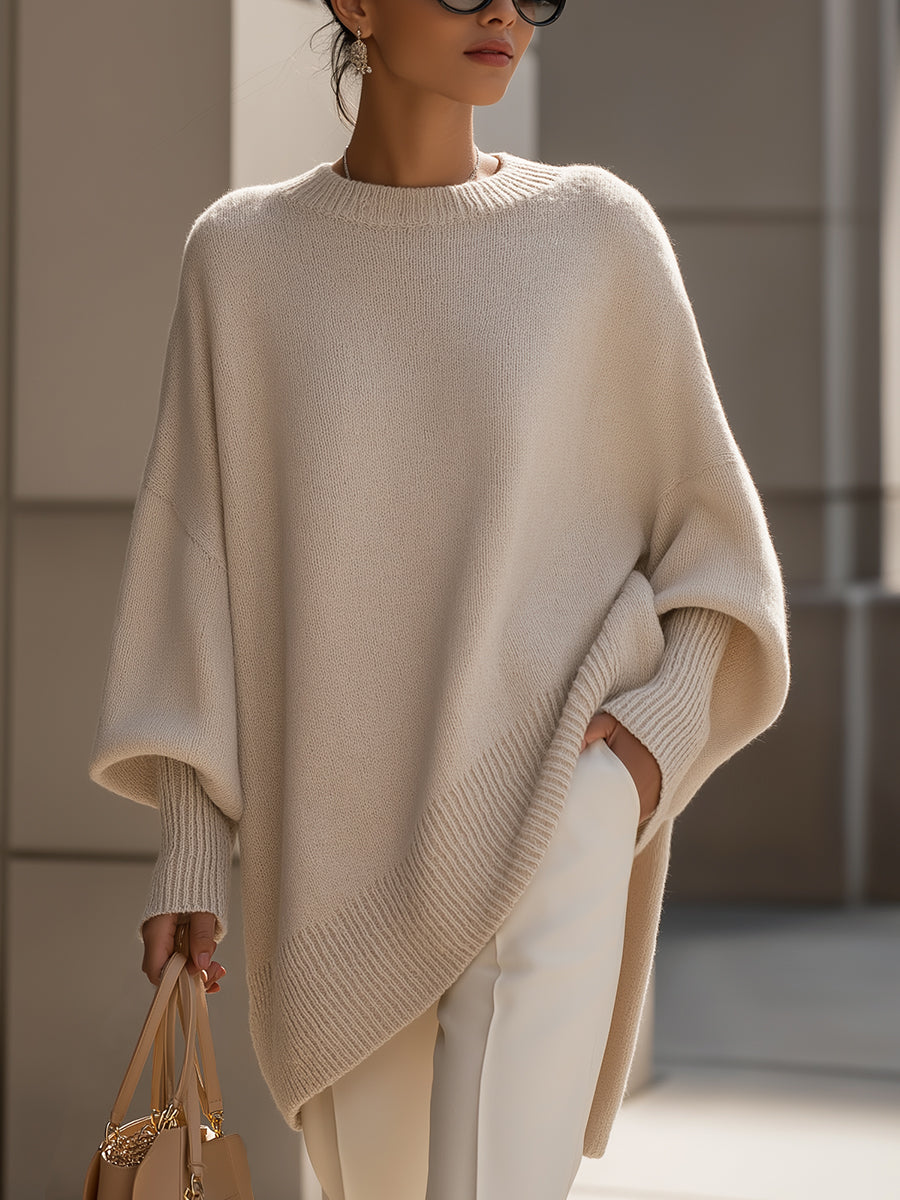 Comfortable Ribbed Trim Oversized Sweater for Women with Crew Neck Batwing Sleeve Asymmetric Hem Knit Style