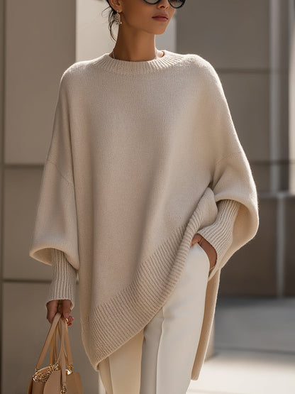 Comfortable Ribbed Trim Oversized Sweater for Women with Crew Neck Batwing Sleeve Asymmetric Hem Knit Style
