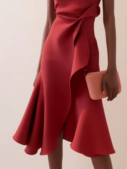 Elegant Draped Sheath Midi Dress for Women with Boat Neck Sleeveless Ruffle Hem Cocktail Style