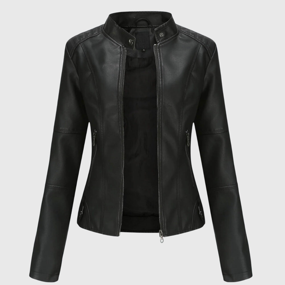 Elegant Leather Moto Jacket for Women with Stand Collar Long Sleeve Quilted Fitted Style