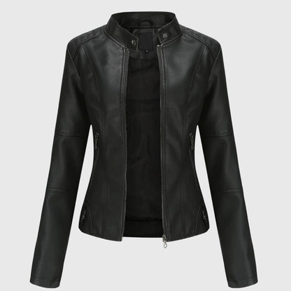 Elegant Leather Moto Jacket for Women with Stand Collar Long Sleeve Quilted Fitted Style