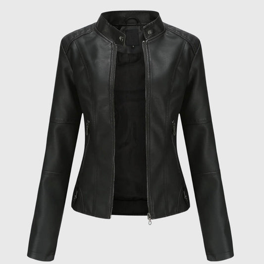 Elegant Leather Moto Jacket for Women with Stand Collar Long Sleeve Quilted Fitted Style